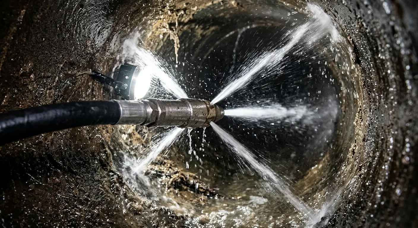 High-pressure hydro jetting nozzle cleaning sewer pipe for Emergency Drain Service in Warsaw