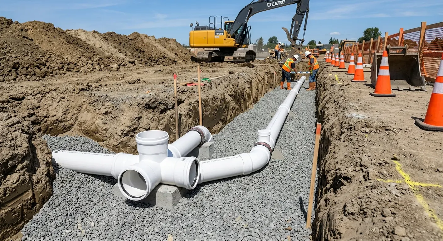 New PVC sewer pipe installation in open trench for Grease Trap Cleaning in Warsaw