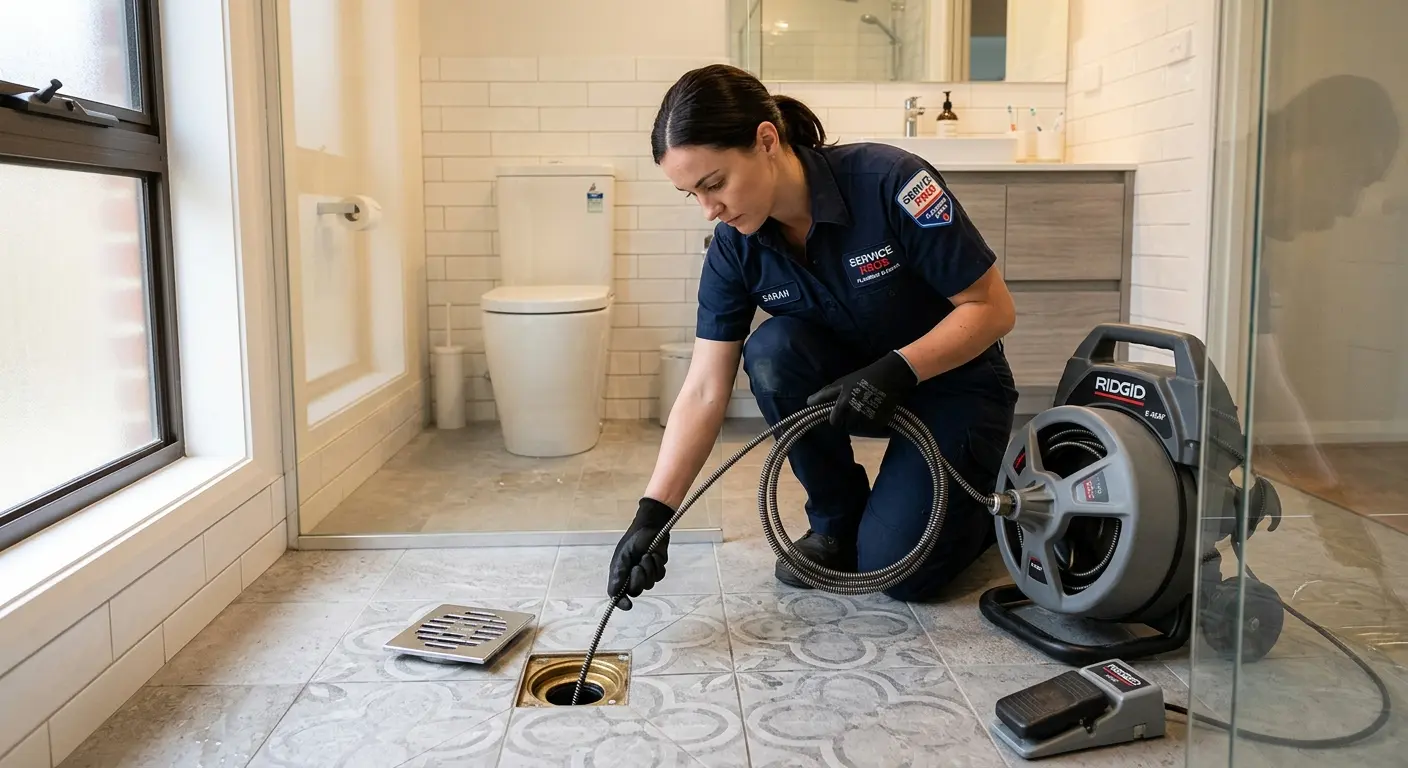 Technician clearing a bathroom floor drain for Hydro Jetting in Warsaw